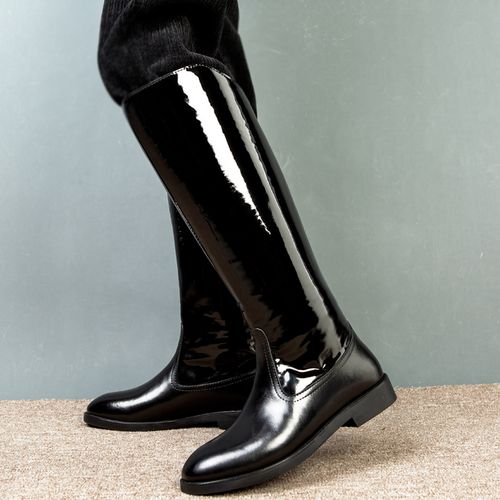真皮男士马靴高筒靴厚底黑色亮面牛皮长筒作战时装靴