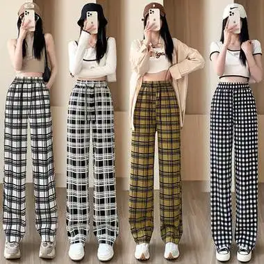 lingjing灵镜格子阔腿裤女夏季新款高腰垂感宽松显瘦窄版休闲裤子棋盘