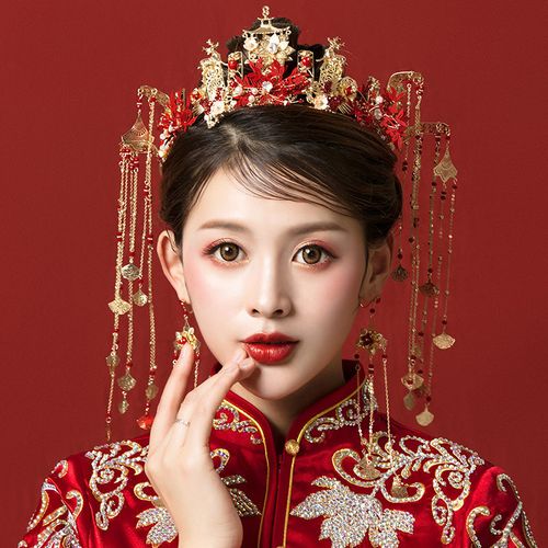 新娘秀禾服头饰2020新款中式流苏大气结婚敬酒服红色凤冠古装步摇