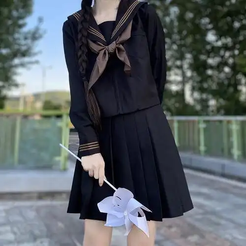 黑色茶三本水手服基础款正统jk制服夏日系学院风不良少女校服套装
