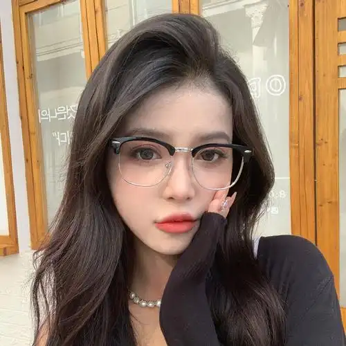 猫耳半框眼镜金属猫耳半框眼镜女复古近视可配度数黑银拉丝线装饰斯文