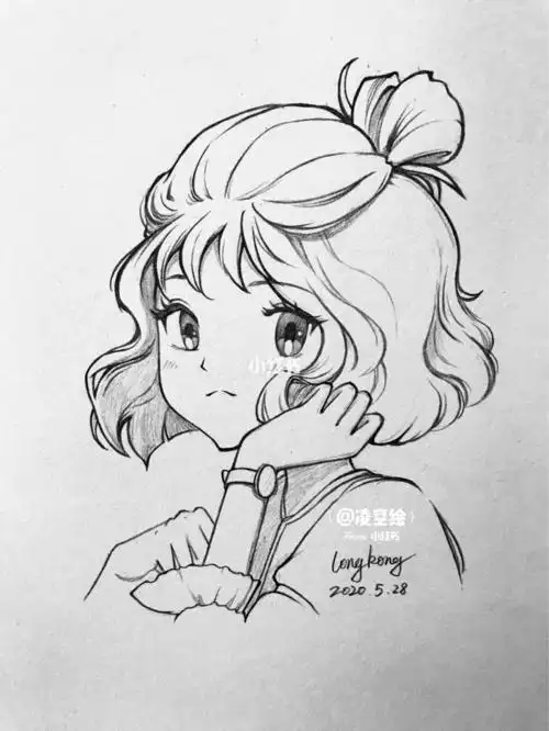 郁闷呆萌的手绘动漫画人物头像线稿短发女生