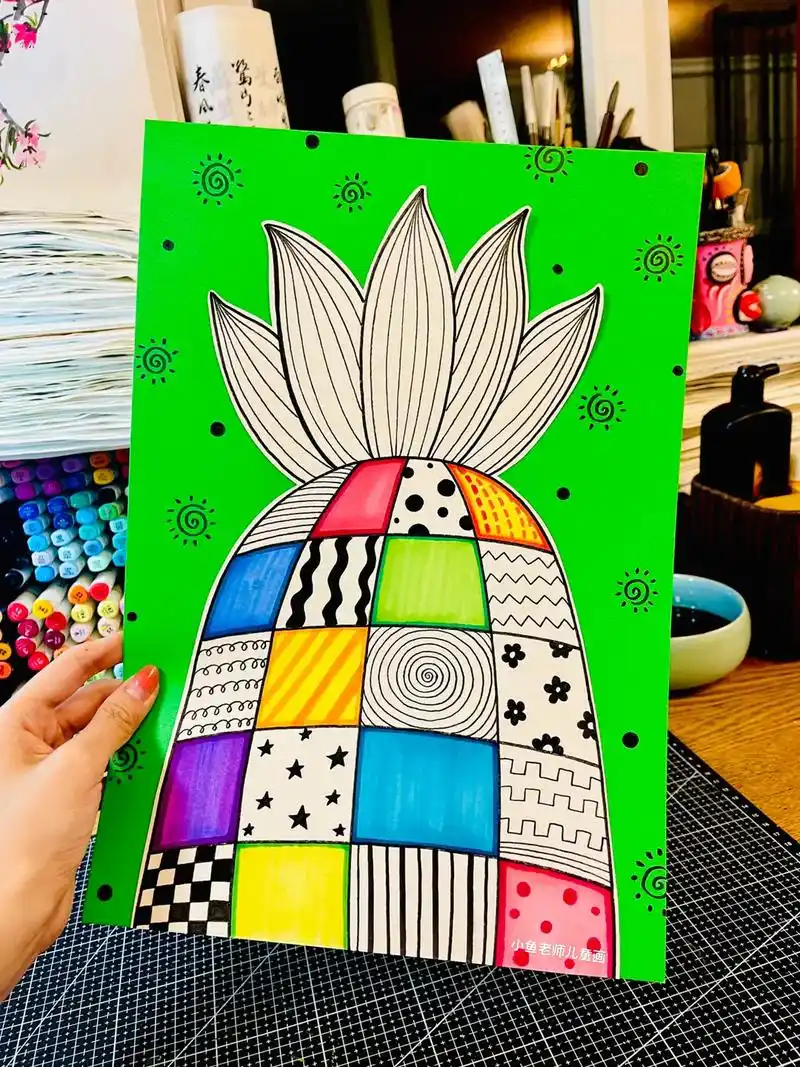 点线练习《创意菠萝》点线面结合与色彩的搭配形成鲜明的对比#创 - 抖