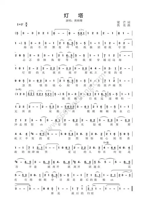 歌曲简谱黄绮珊灯塔免费高清歌谱简谱流行弹唱网