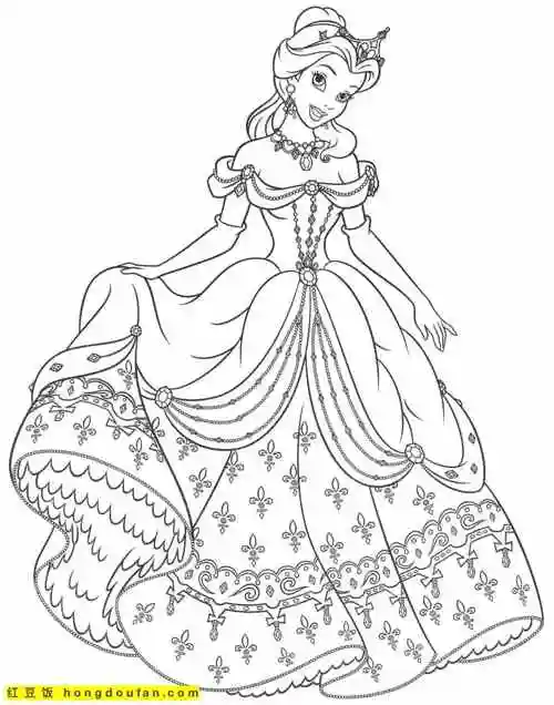 着缀满珠宝的大裙子的公主涂色图片免费下载-红豆饭小学生简笔画大全