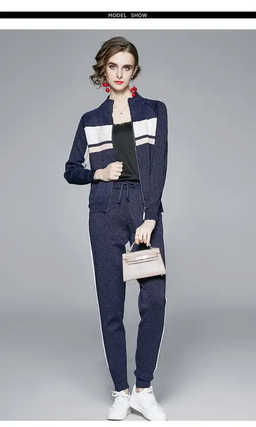 欧美女装时尚闪亮线棒球外套配裤子休闲女士服装套装