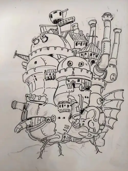 临摹宫崎骏老师的手稿#画画  #哈尔的移动城堡  #插画