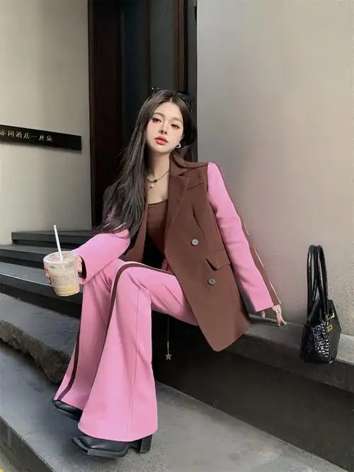 实拍超a新款女时尚高级感学院西装外套 拼色粉色阔腿长裤-@依网情深
