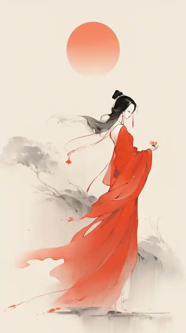 月下· 红衣仕女图.midjourney 古风人物 #国风 - 抖音