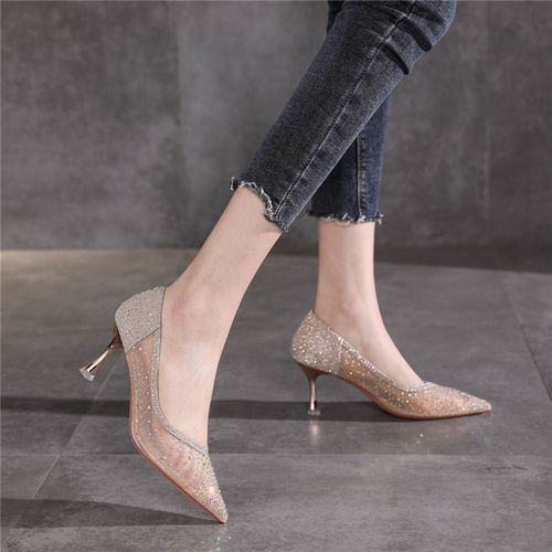 2022夏季新款网红仙女水钻网纱高跟鞋透气香槟色单鞋