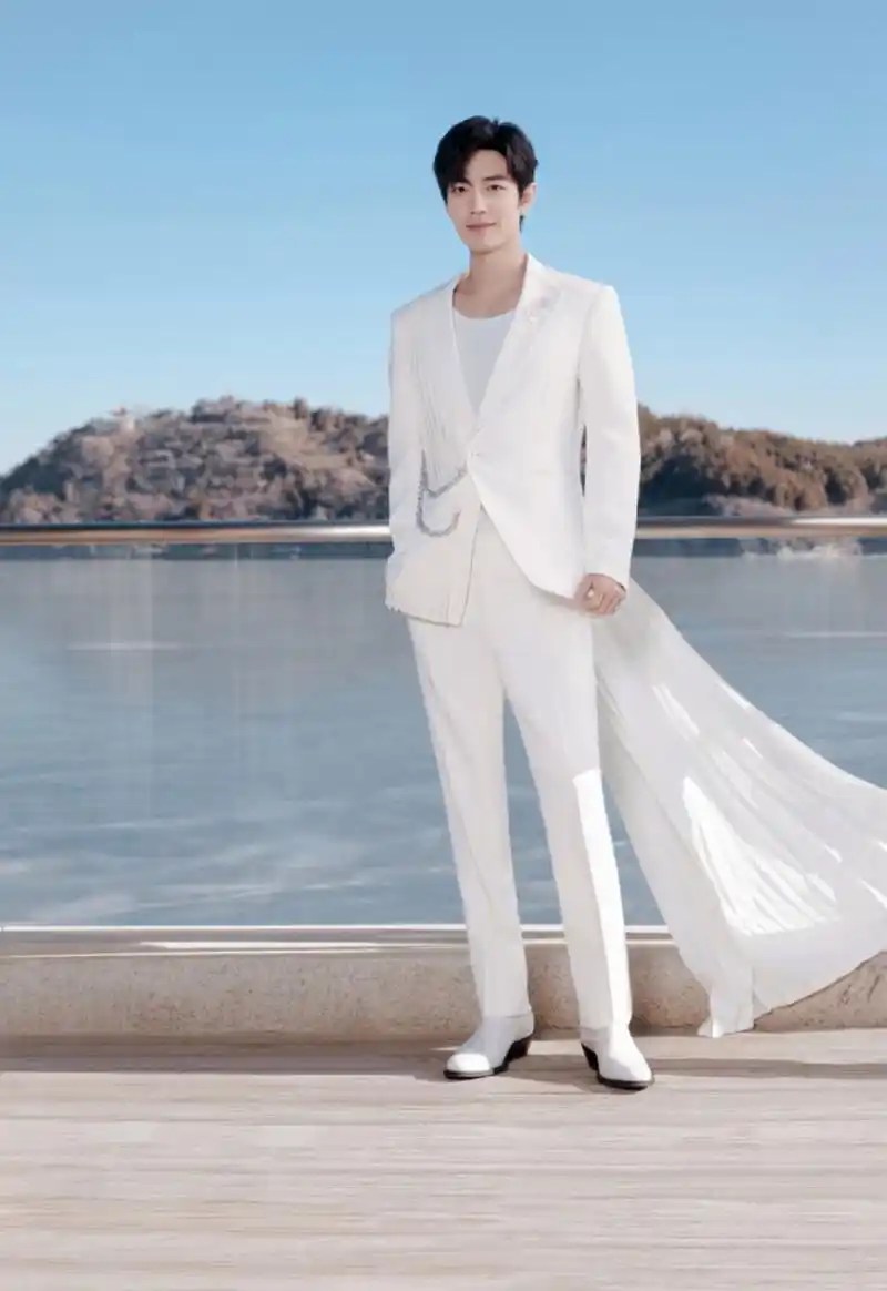 肖战身穿白色西装,一身白衣装扮干净帅气,笑容治愈,宛如白马王子