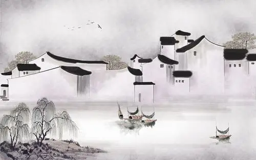 a03243(j3)中式水墨江南水乡房子柳树渔船马头墙飞鸟国画徽派