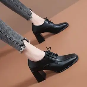 新款方头粗跟深口单鞋女2023春季系带软皮百搭高跟鞋女英伦风皮鞋