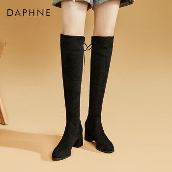 达芙妮daphne长筒靴女春秋夏季过膝长筒靴尖头粗高跟修身骑士靴绒面高