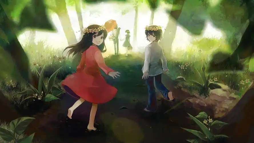 秘密森林小男孩小女孩恋人牵手小路桌面壁纸