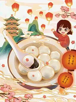 元宵节汤圆手绘国潮元素图