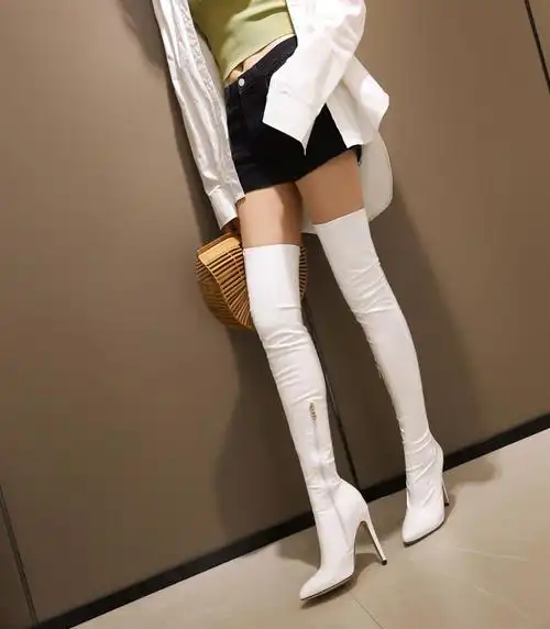 雅格罗伊 女式真牛皮过膝细高跟长筒靴秋冬新款钢管舞靴尖头细跟高跟