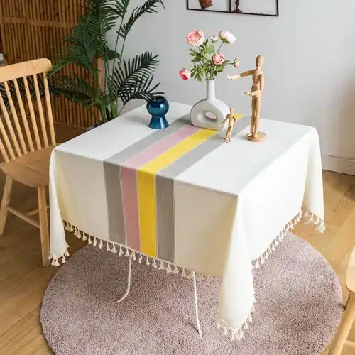 跨境条纹新品餐桌布抗皱可水洗棉麻盖巾矩形留白条纹装饰台布美国