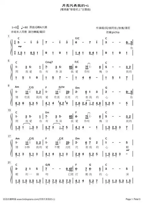 简谱五月天mayday阿信月亮代表我的心电视剧华灯初上主题曲附歌词和弦