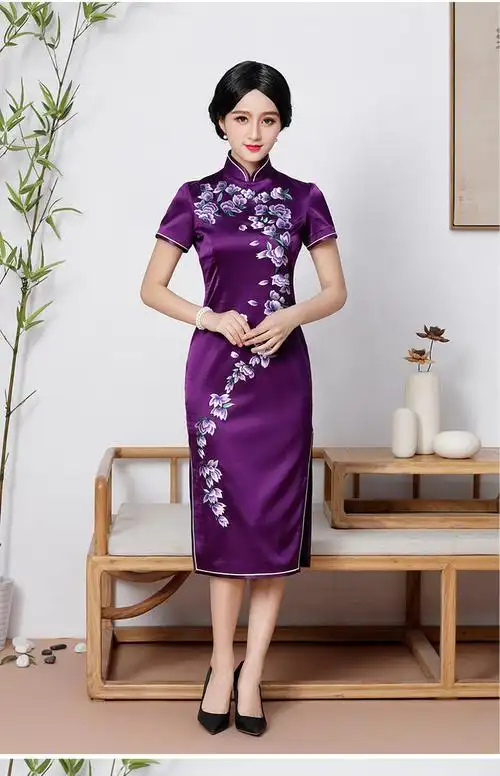 定制新款紫色改良时尚真丝中长款旗袍