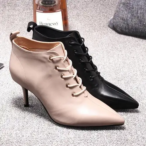 现货欧洲站2020新款女鞋尖头细跟真皮女高高跟鞋时装靴