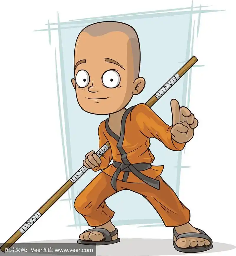 卡通少年武僧用棍棒