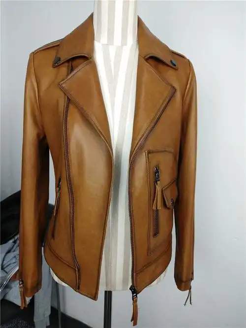 2020春秋新款真皮皮衣女外套短款修身高腰绵羊皮机车小皮夹克翻领