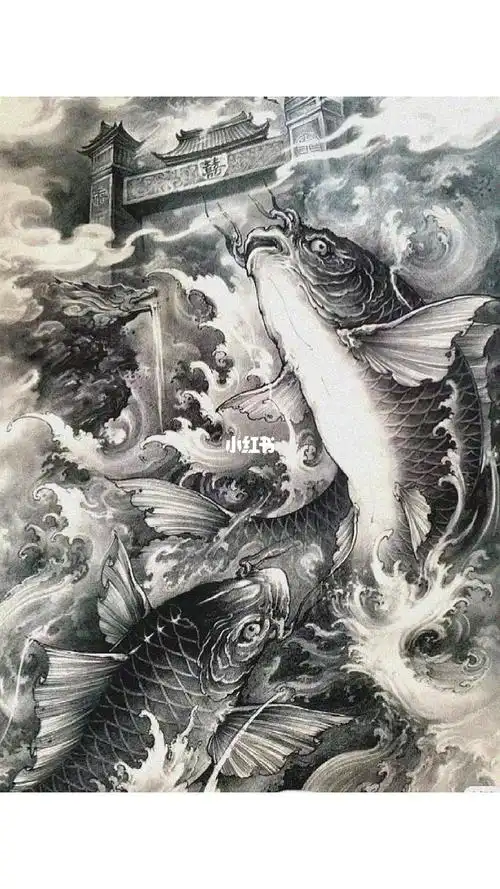 纹身手稿鲤鱼跃龙门