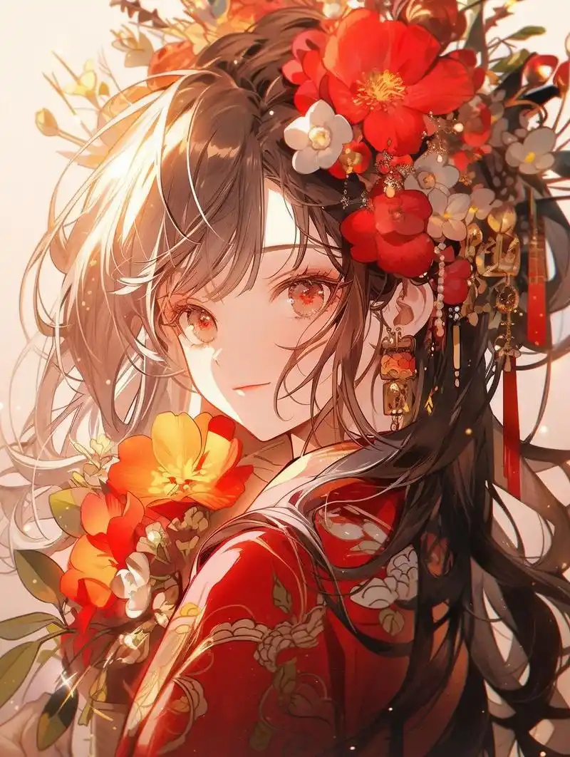 ai华丽封面古风头饰参考 关键词:女孩的头发里有花,以动漫艺术的风格