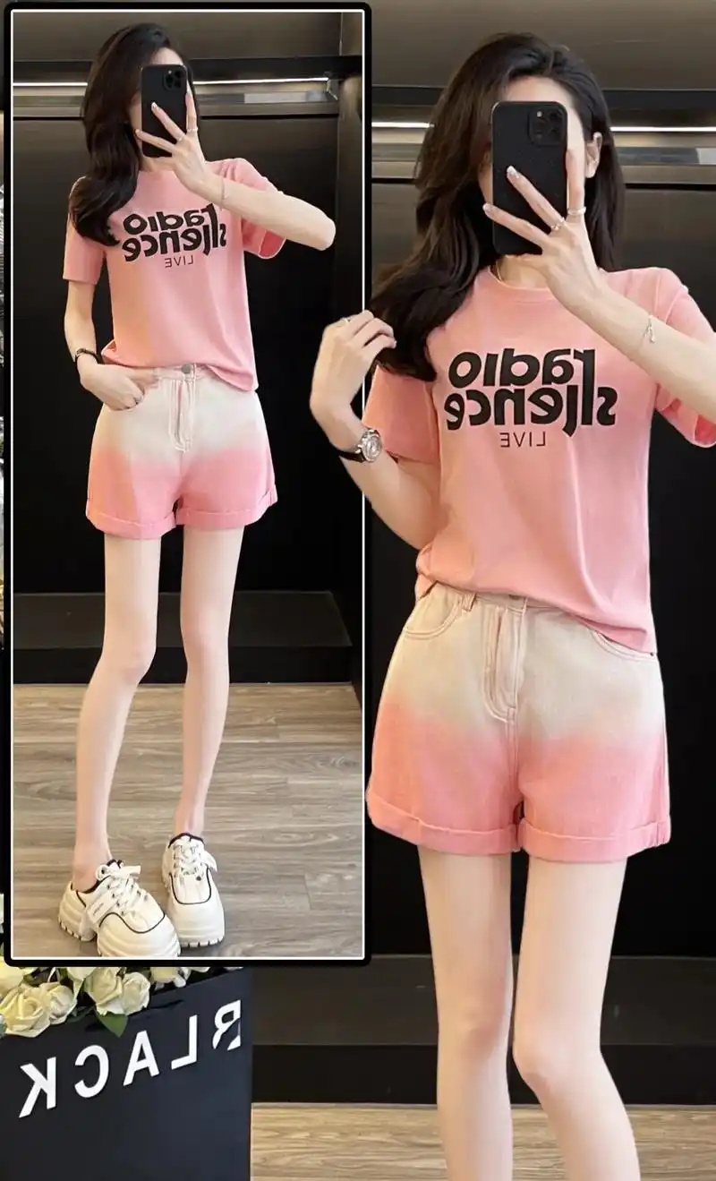 姐妹们～2024夏季新款粉色字母印花t恤77渐变粉短裤休闲减龄套装