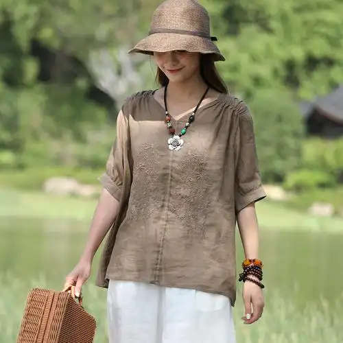 纯苎麻上衣女夏新款亚麻绣花薄衬衫宽松v领大码女装小衫