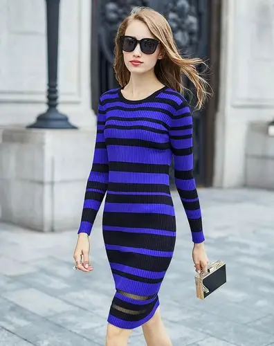 蓝黑条纹长袖连衣裙