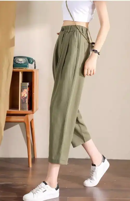 卡其色天丝亚麻裤子女夏季薄款显瘦小个子九分夏天透气棉麻哈伦裤
