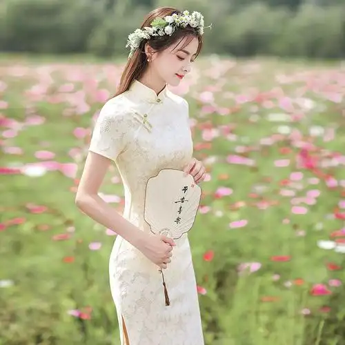 复合蕾丝长款单层短袖旗袍夏季新款时尚改良年轻女士日常旗袍