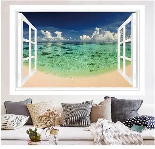 3d立体假窗户壁画墙贴客厅卧室床头儿童房自然风景装饰画pvc墙纸