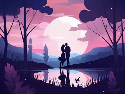 情侣在树林里拥抱唯美浪漫情人节爱情双人手绘插画温馨氛围感场景海报