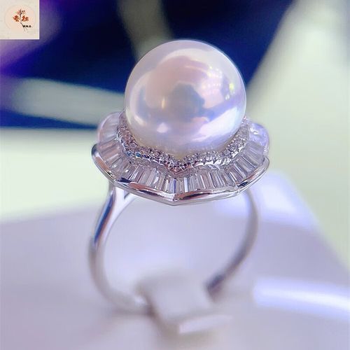 春甜极光大白珍珠戒指正圆感t方钻精镶 花朵925银指环女款 白色 11