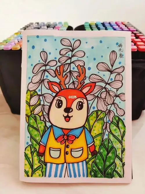今日份随笔#彩色线描装饰画#创意儿童画#马克笔绘画#梅花鹿#绘画