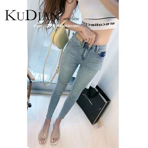 牛仔裤女紧身窄脚裤薄款修身提臀裤小众设计撞色小脚裤潮