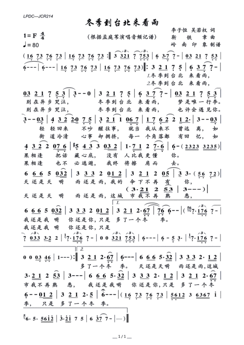 冬季到台北来看雨 孟庭苇 歌谱 简谱