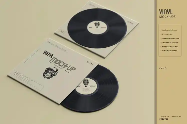 复古逼真黑胶唱片包装纸袋设计贴图样机模板 vinyl mockups