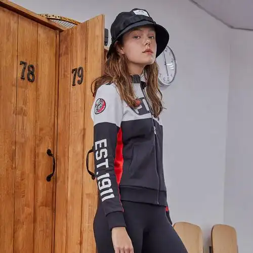 斐乐女装春季时尚潮流百搭女款休闲立领机车服女式针织长袖外套