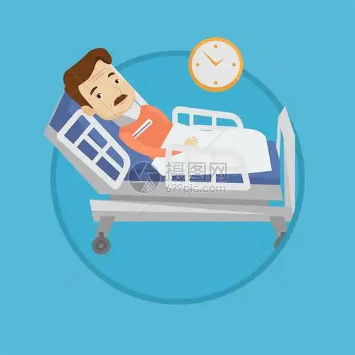 躺在病床上脖子受伤的男病人卡通矢量插画