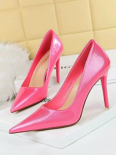 高跟鞋女欧美简约尖头细跟单鞋水晶漆皮粉色超高跟宴会2024春