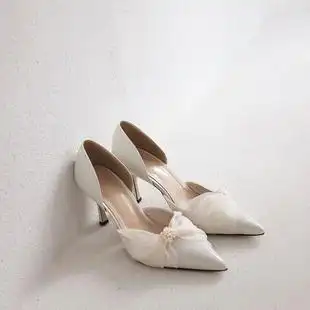 法式高跟鞋女细跟白色仙女鞋温柔中跟设计感小众主婚纱婚鞋新娘鞋
