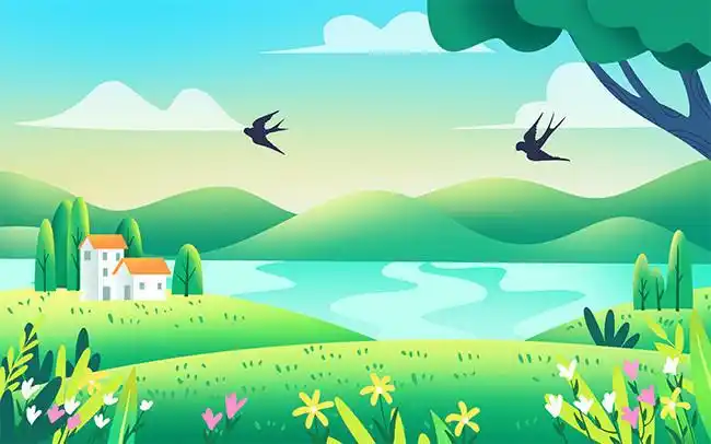 手绘卡通春天风景背景-大自然-百图汇素材网