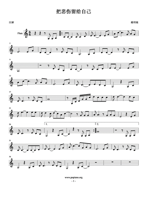 把悲伤留给自己 钢琴谱,歌谱 简谱,五线谱