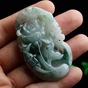 翡翠牡丹花吊坠 正品a货冰底飘花双彩玉石牡丹花玉坠花开富贵玉佩