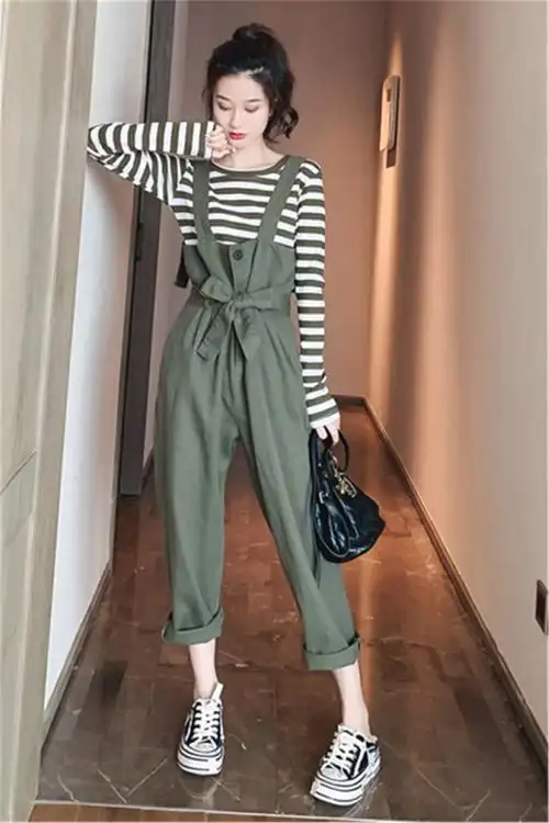 背带裤女春季新款套装女收腰显瘦休闲裤子配条纹上衣时尚两件套