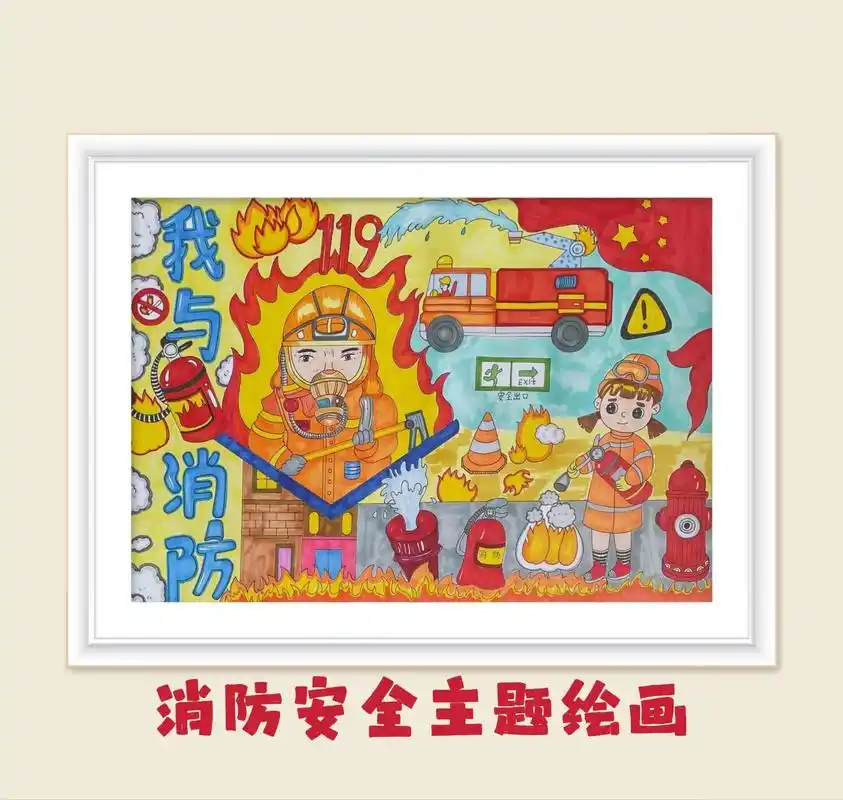 119消防安全主题绘画.我与消防,心目中的火焰蓝主题儿童绘画 - 抖音